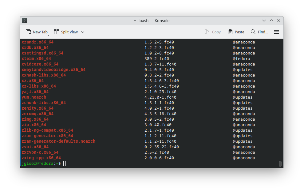 Terminal output of the DNF command to list installed packages.