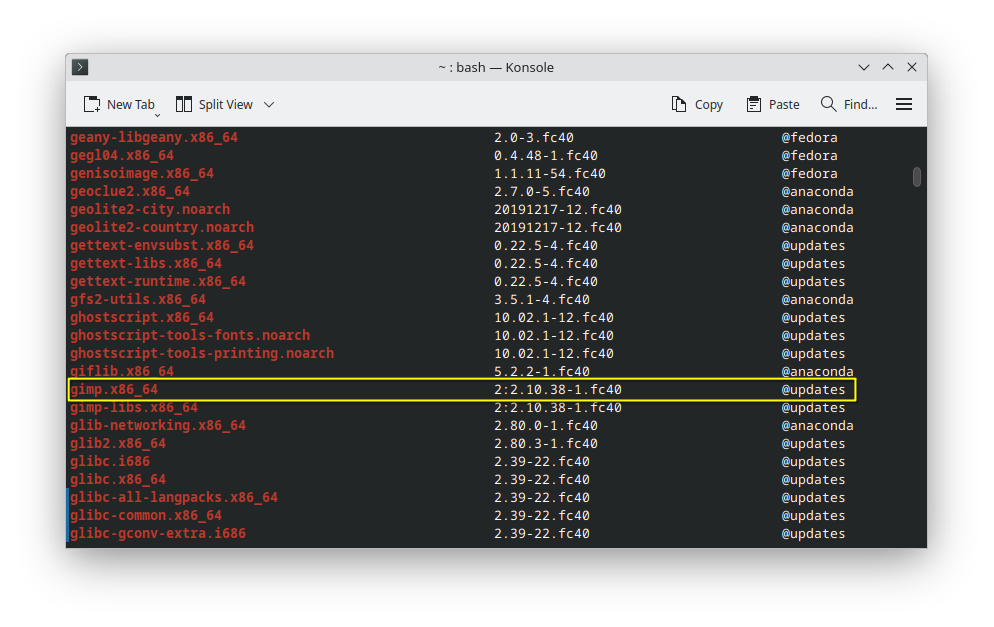 The GIMP package found in the list of installed packages on a Fedora installation.