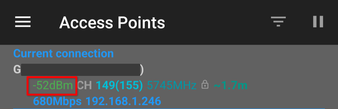 WiFiAnalyzer app with a red box around the signal indicator reading '-52dBm'.