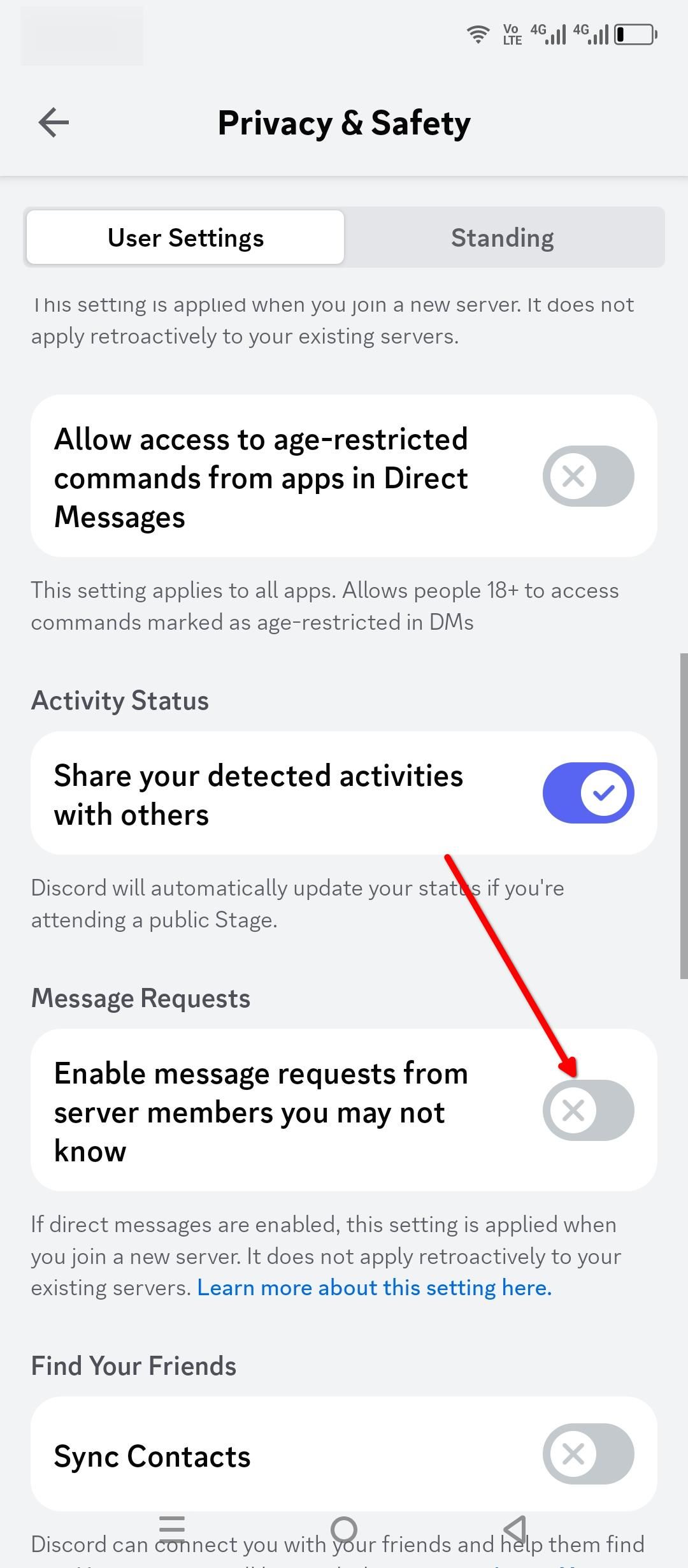 Disabling Message Requests on Discord mobile.