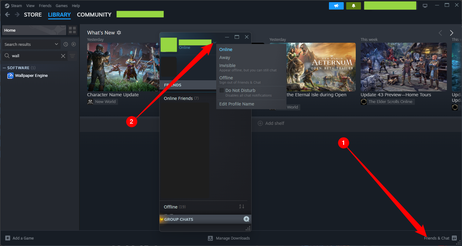 Select 'Friends and Chat' at the bottom right of the Steam window, then click the arrow next to your name in the friends list to change your status