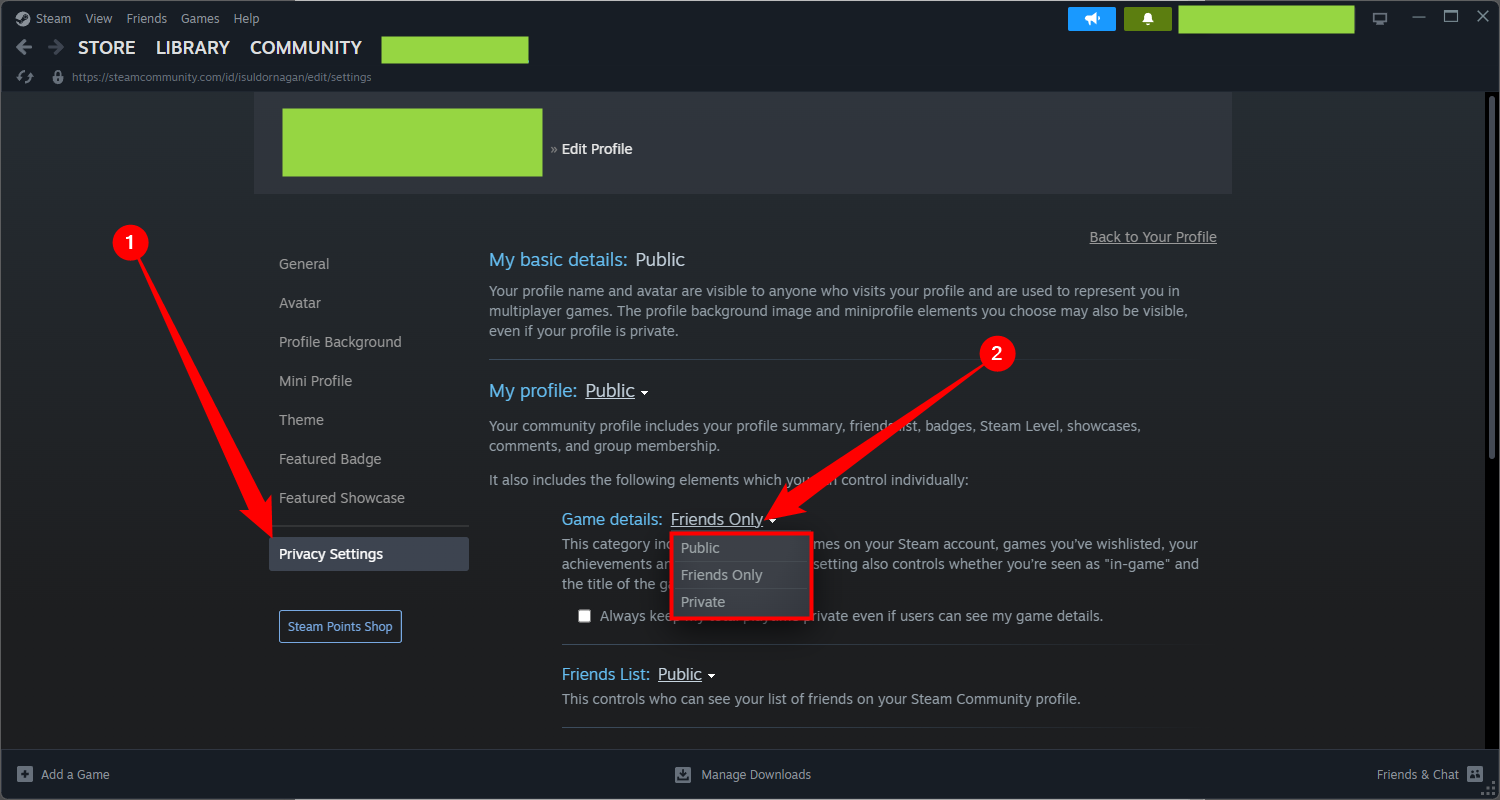 Select 'Privacy Settings' on the left, click the drop-down menu next to Game Details, then select 'Public,' 'Friends Only,' or 'Private.'