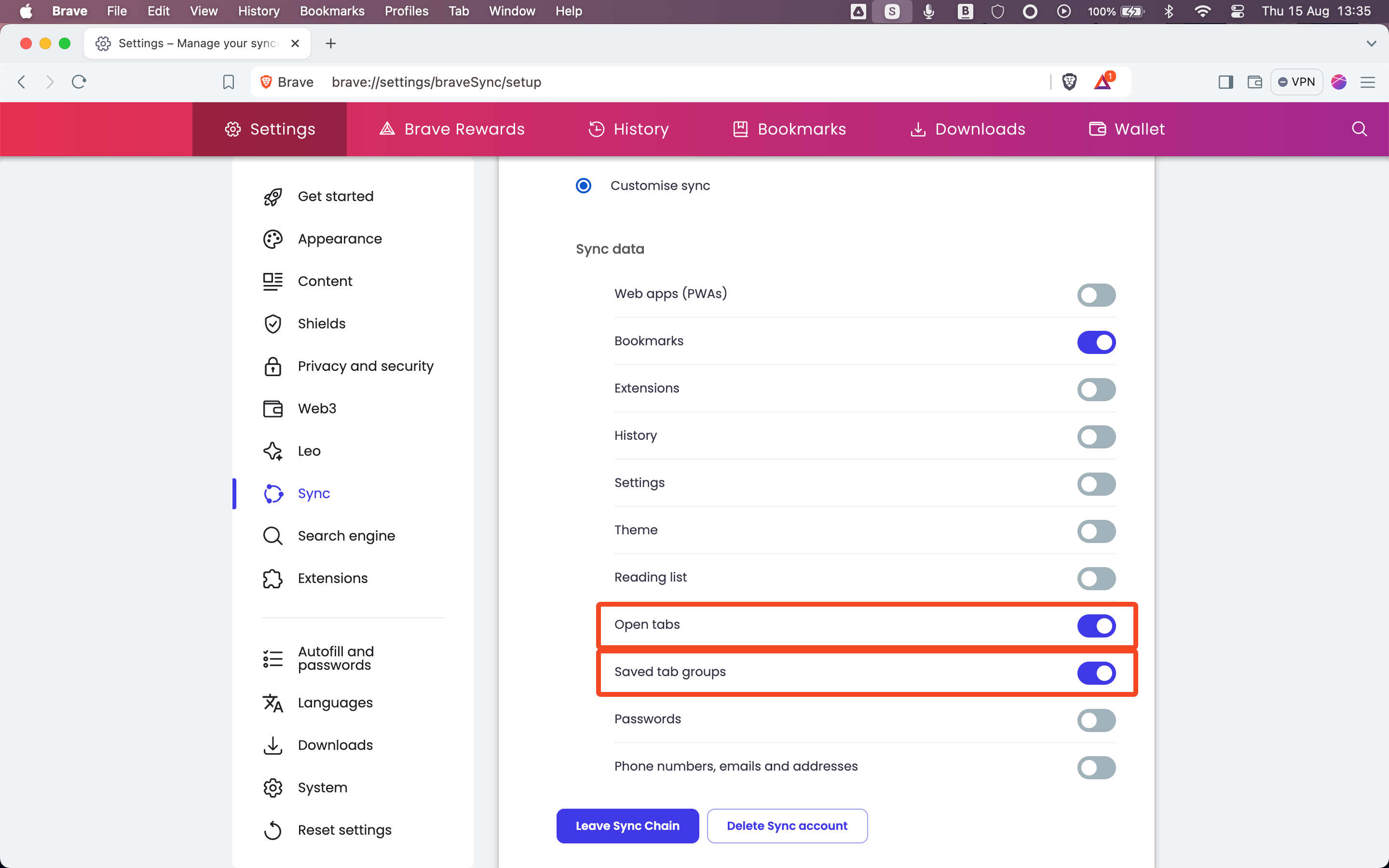 Set up tab sync in Brave browser.