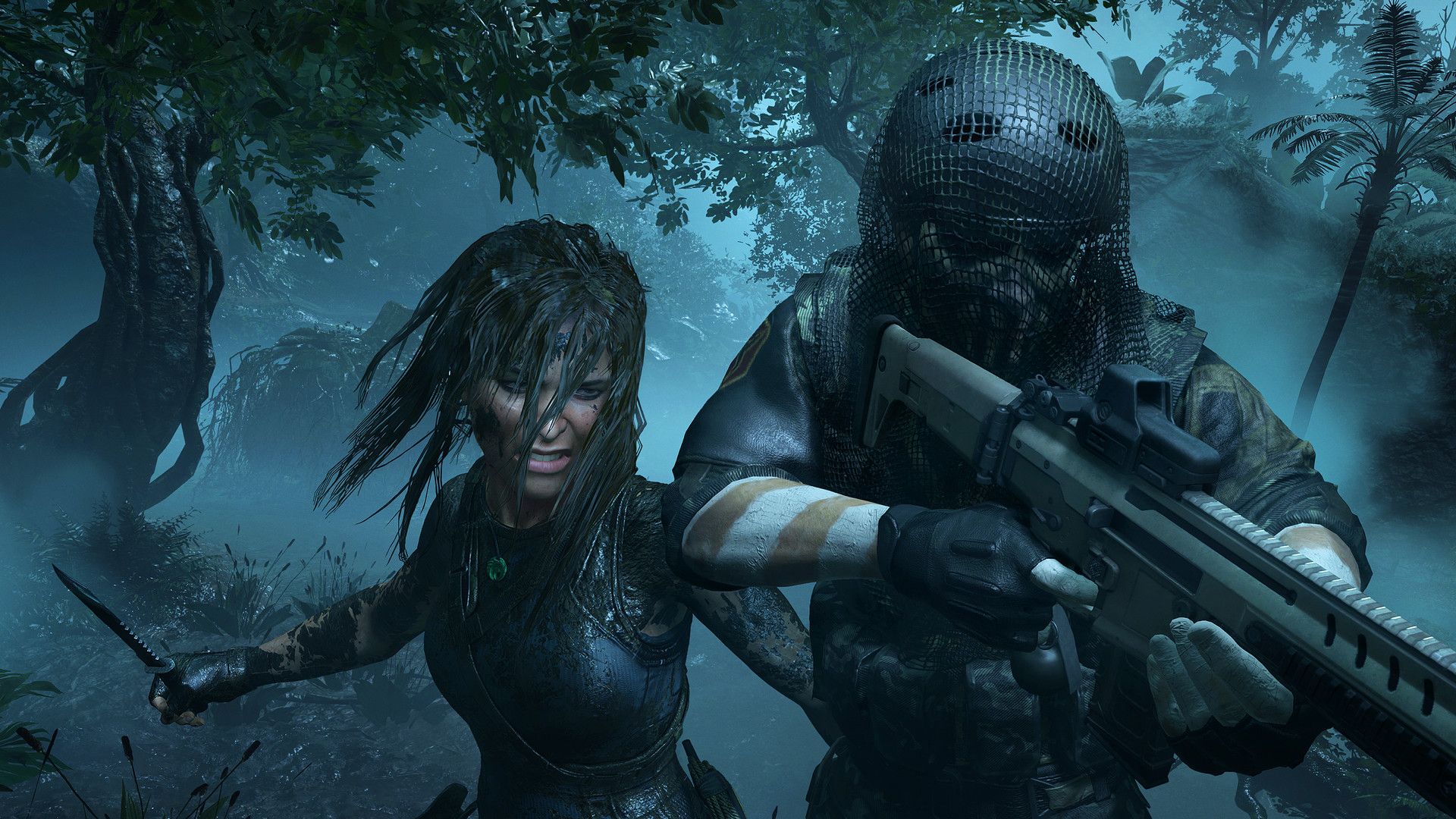 Shadow of the Tomb Raider official screenshot showing Lara Croft about to backstab an enemy soldier.