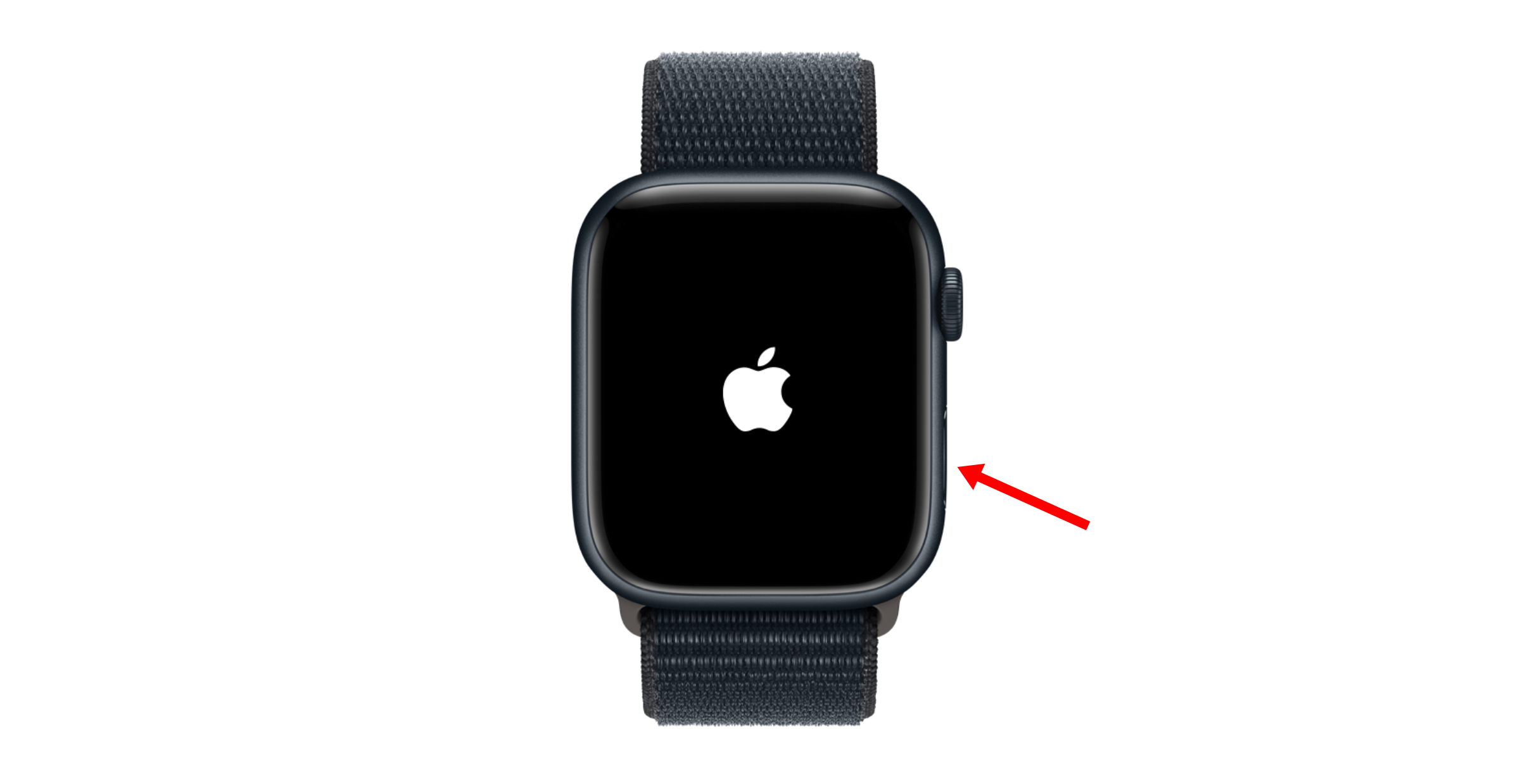 Side button on an Apple Watch with Apple logo on screen.