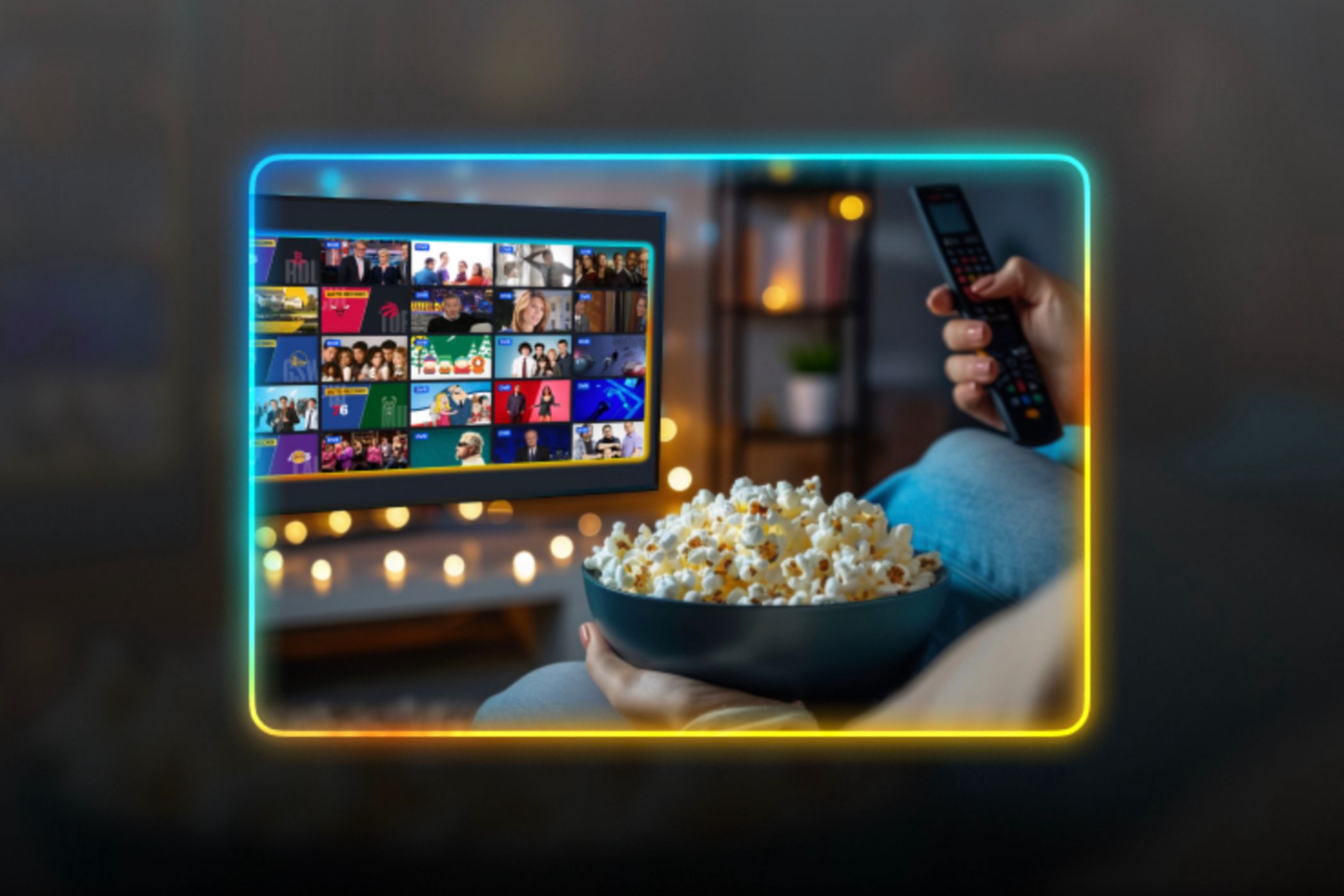 Sling-TV in the background of a person holding a remote and popcorn. 