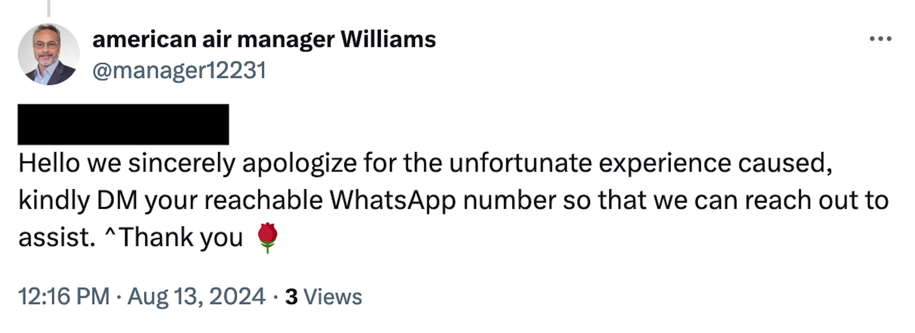 Fake representative account asking for a customer's WhatsApp number.