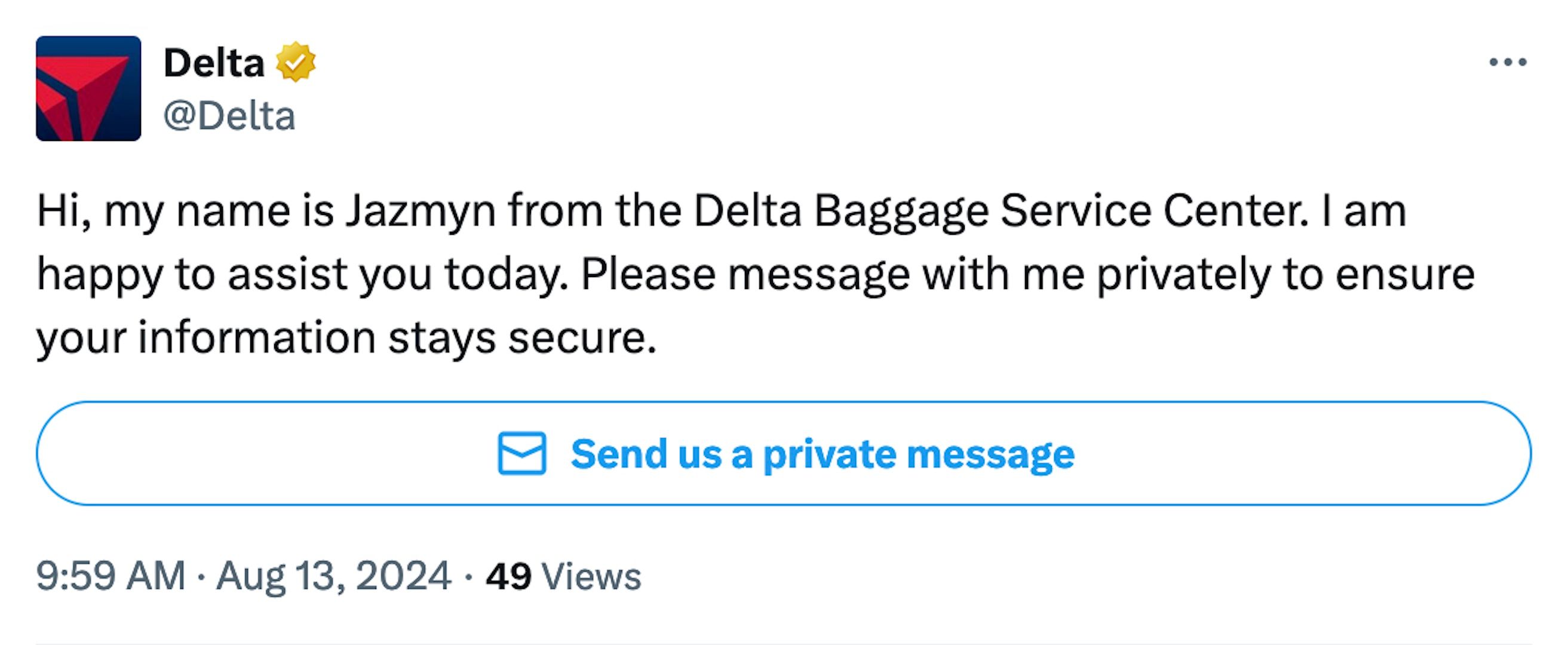 Delta's official social media account responding to a customer's private message request.