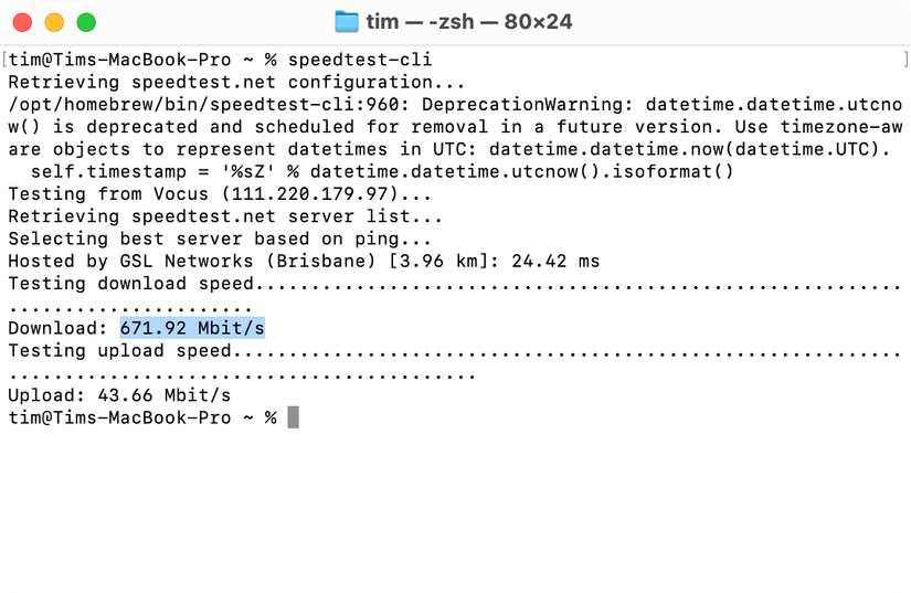 Speedtest CLI running in Terminal on macOS.