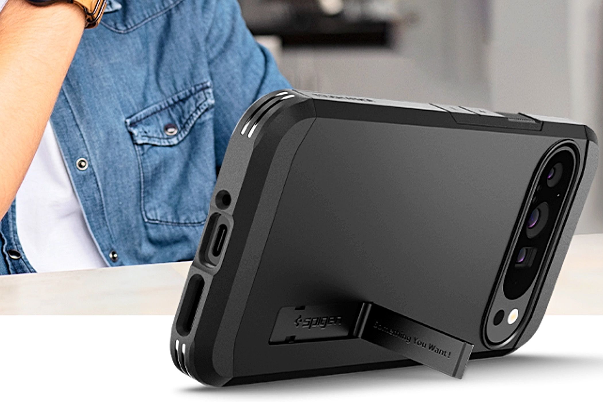 A Spigen Tough Armor case resting on its kickstand.