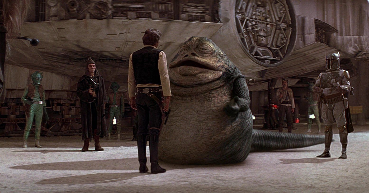 Han Solo, Jabba the Hutt, and Boba Fett in the 1997 version of Star Wars: Episode IV — A New Hope