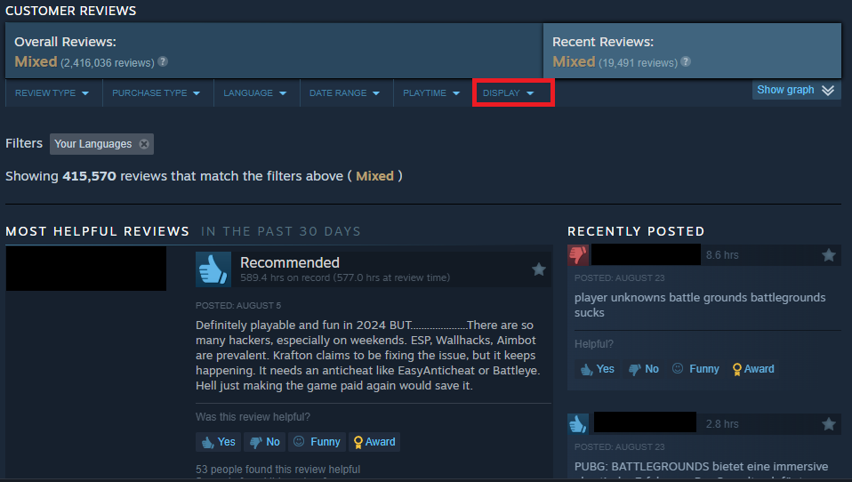 A screenshot of the reviews on the Steam PUBG store page, with the Display dropdown highlighed.