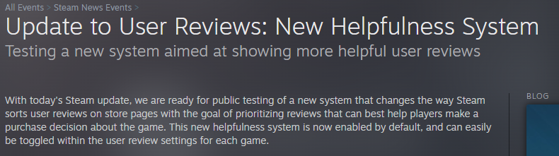 A screenshot of Steam's August 14th Announcement regarding helpful user reviews.