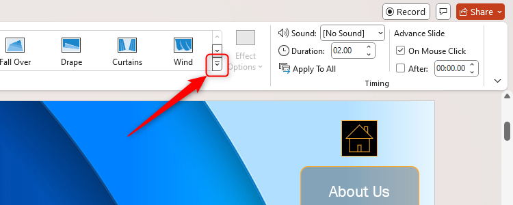 The arrow in PowerPoint that, when clicked, displays more transition effects.