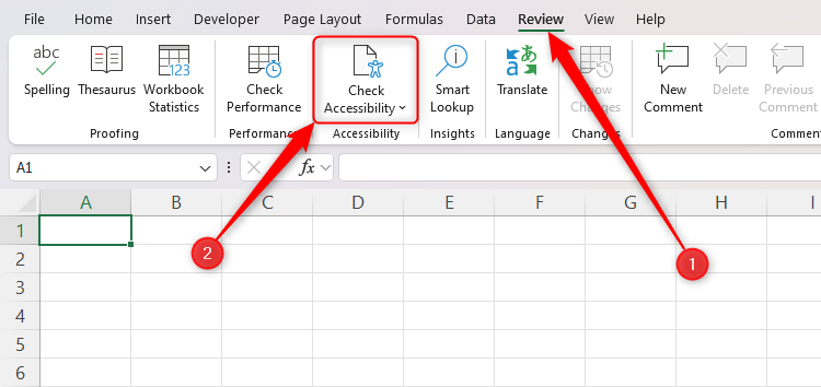 The Check Accessibility tool in the Review tab on the ribbon in Excel.