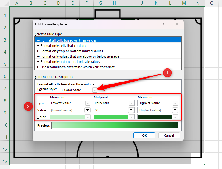 The Edit Formatting Rule dialog box in Excel, with the three-color scale selected and the parameters adjusted.