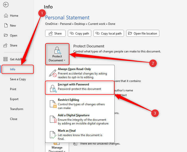 The Encrypt With Password option in Microsoft Word.-1