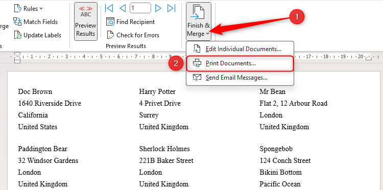 The Finish And Merge drop-down in Word, with Print Documents selected.