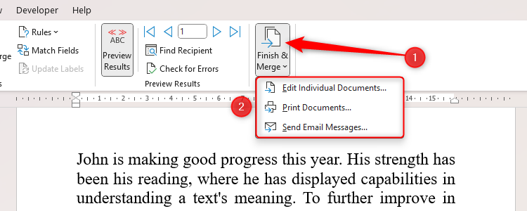 The Finish And Merge drop-down in word.