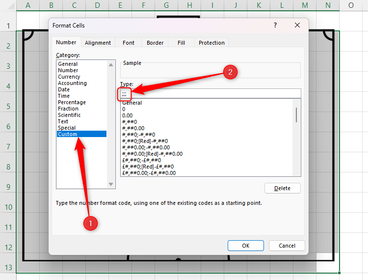 The Format Cells dialog box, with the Number tab opened, the Custom number type selected, and three semicolons typed into the field box.