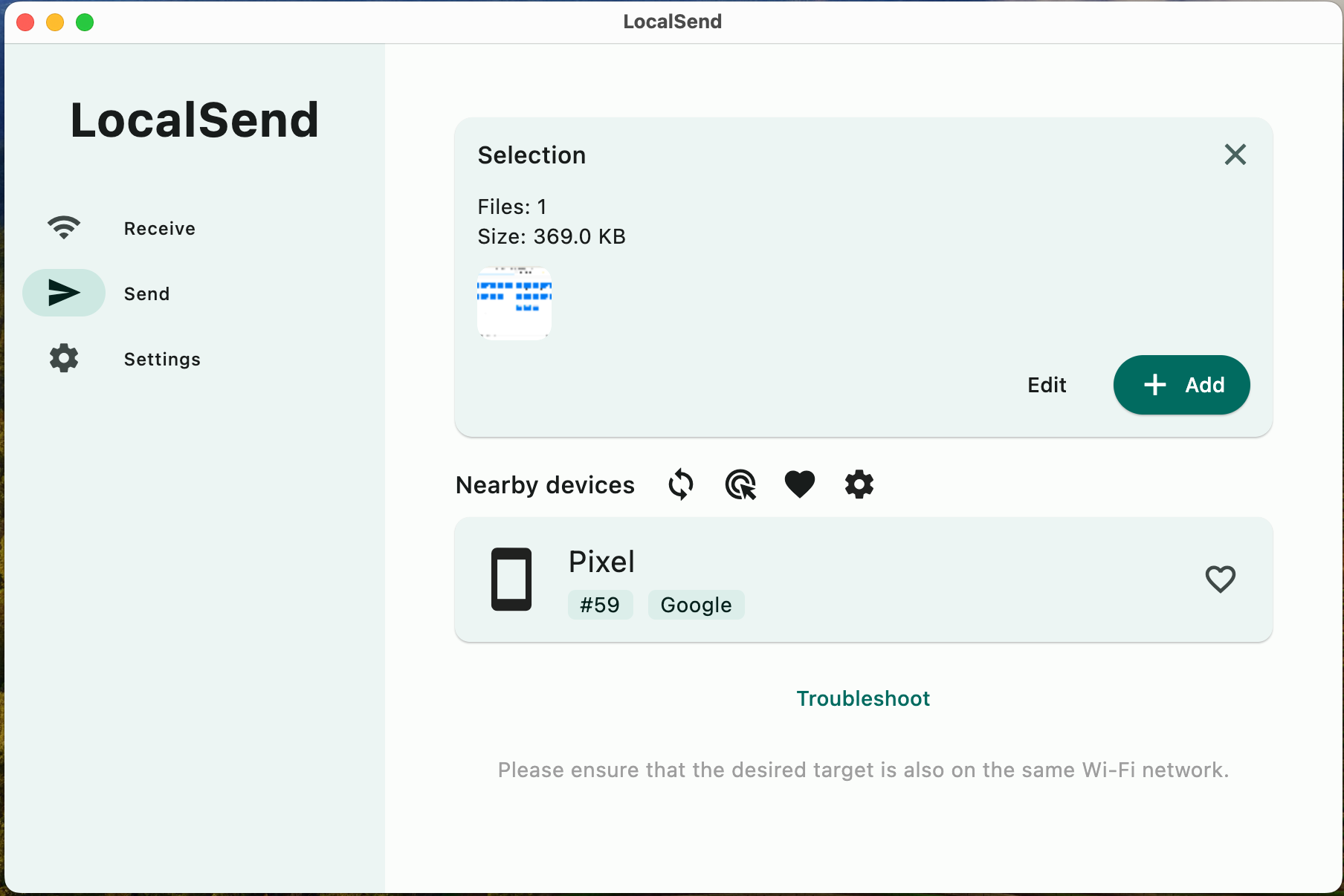 The LocalSend app on the Mac, connected to a Pixel.