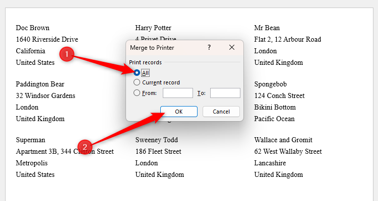The Merge To Printer dialog box in Word, with All selected, and the OK button clicked.