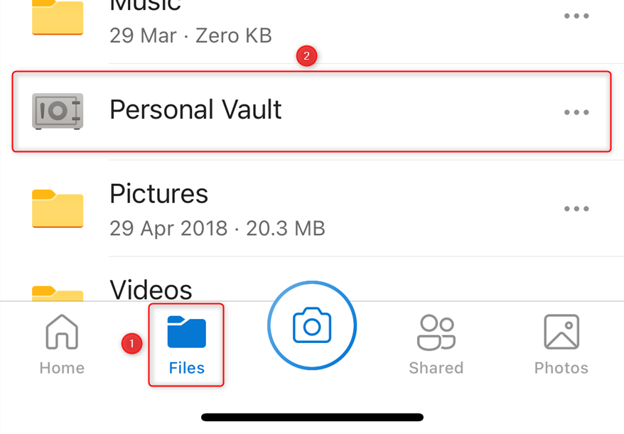 The OneDrive app showing the Personal Vault.
