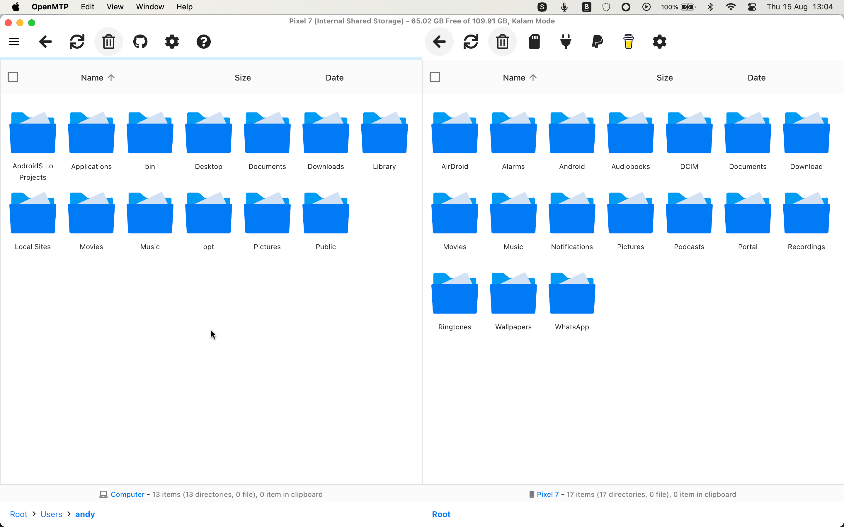 The OpenMTP app shows the Mac and Android drives.