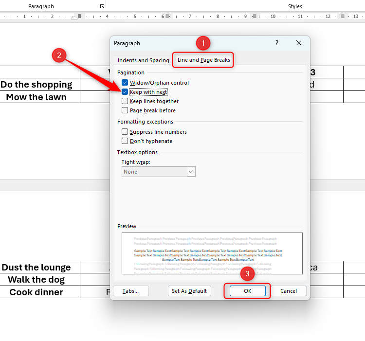 The Paragraph dialog box, with Keep With Next checked.