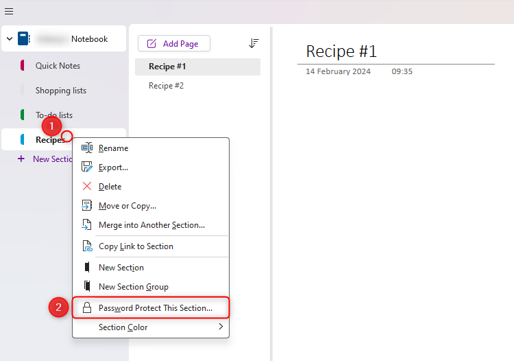The Password Protect This Section option in OneNote.