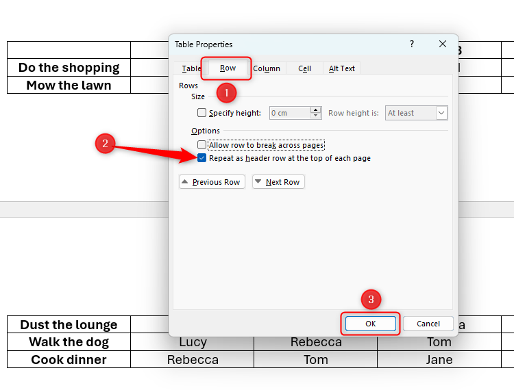 The Repeat Header option in Word's Table Properties dialog box.