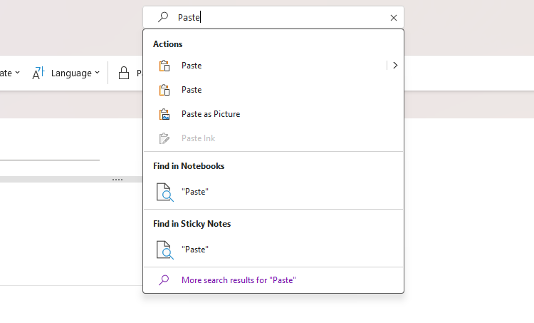 The Search bar in OneNote, with the word Paste typed, and the results showing underneath.