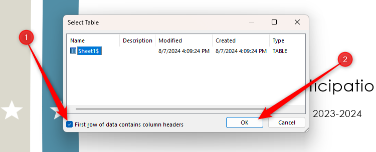 The Select Table dialog box in Word, enabling the importing of an Excel table in mail merge.