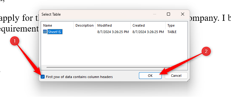 The Select Table dialog box in Word, which allows the importing of an Excel table in mail merge.