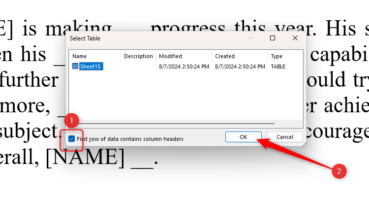 The Select Table dialog box in Word, which enables the importing of an Excel table in mail merge.