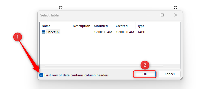 The Select Table dialog box in Word, which facilitates the importing of an Excel table in mail merge.