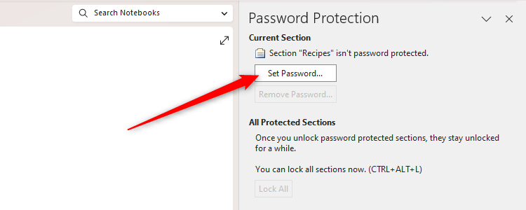 The Set Password option in OneNote.