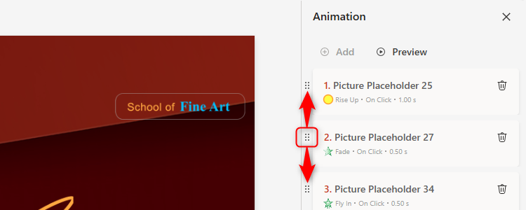 The six dots used to reorder animations in the Animation Pane is highlighted, with arrows indicating it can be moved upwards or downwards.