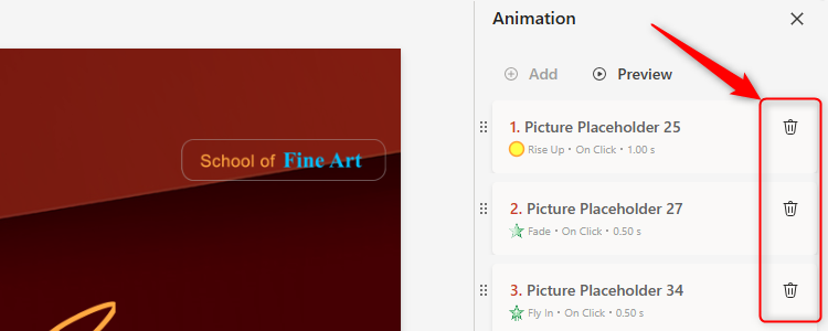 The trash icons on the animation cards in PowerPoint for the web.