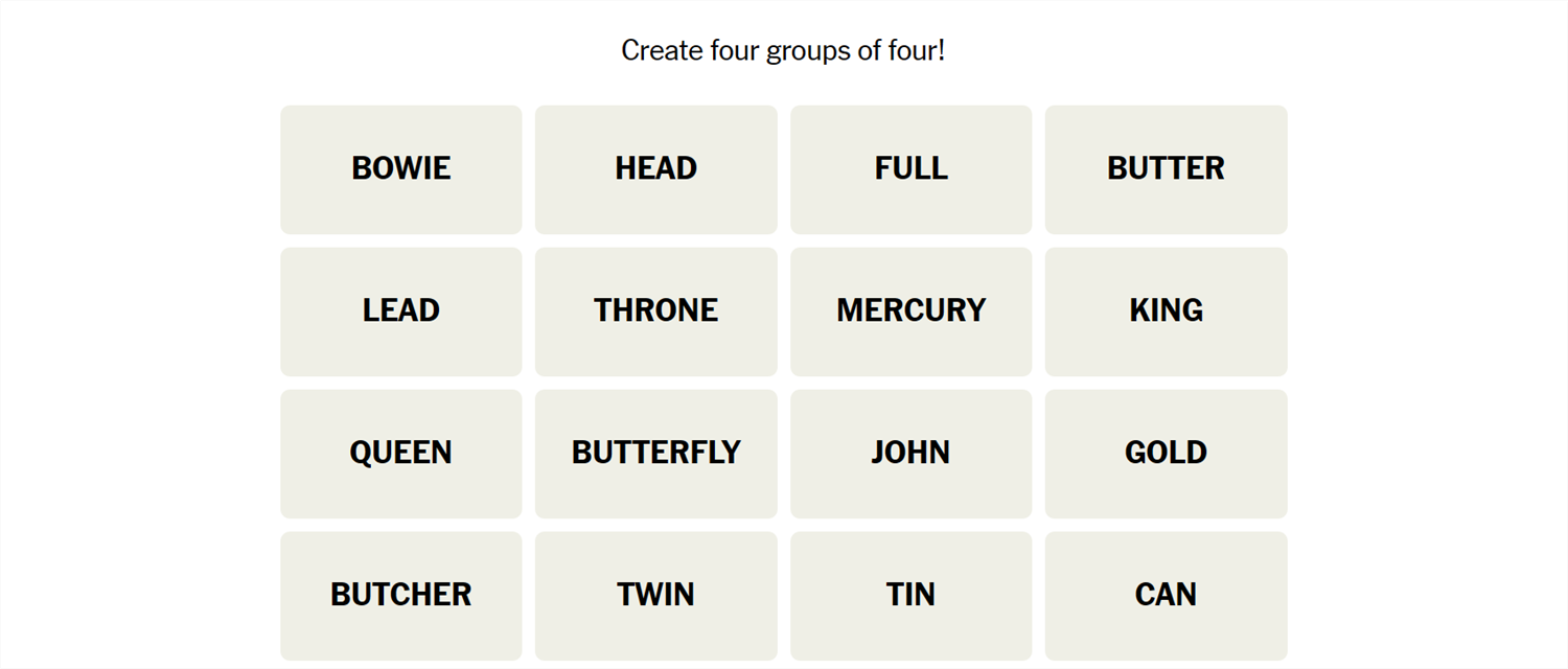 The unsorted words for August 12 Connections game.