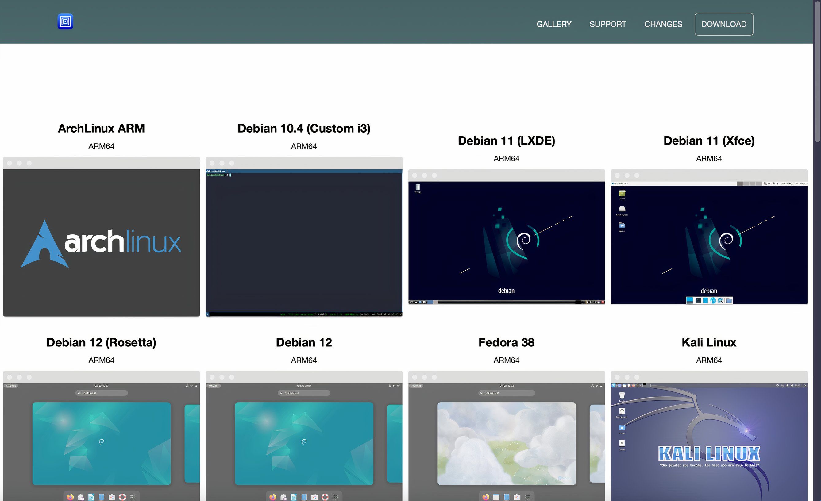 The UTM gallery with its prebuilt VM images.