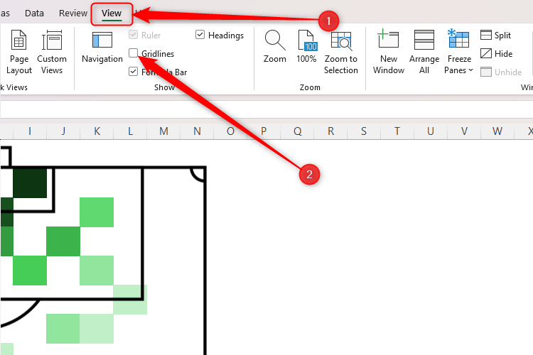 The View tab on the ribbon in Excel, with the Gridlines checkbox unchecked.