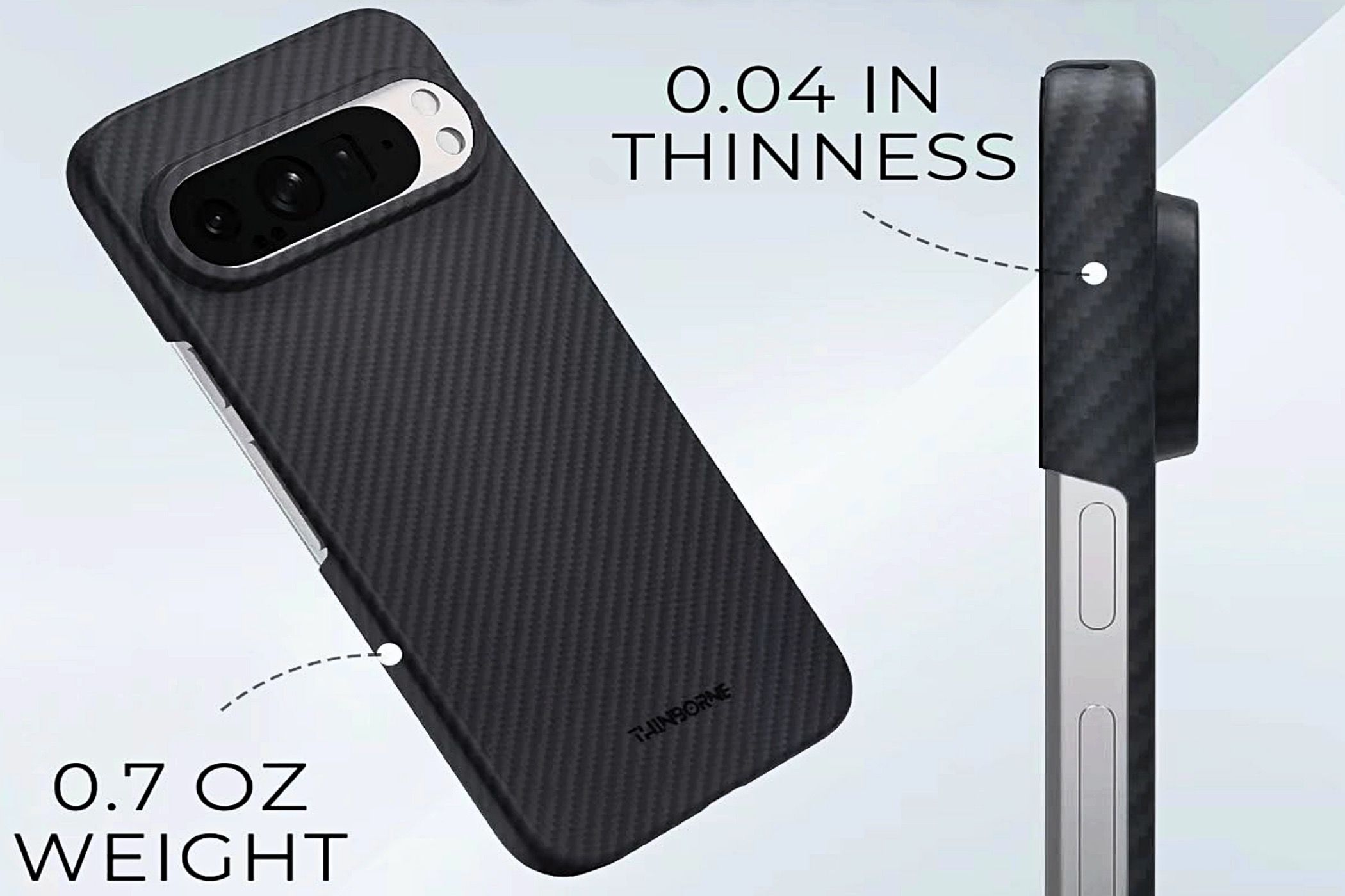 An image illustrating the thin and lightweight dimensions of the Thinborne Pixel 9 Pro XL Case.