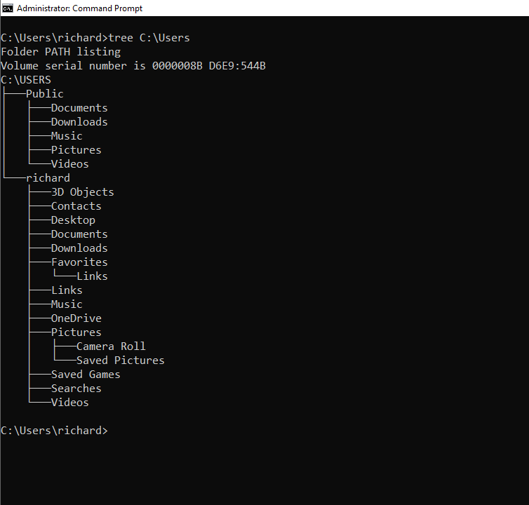 Using the tree command to see the structure of the Users folder in Windows.