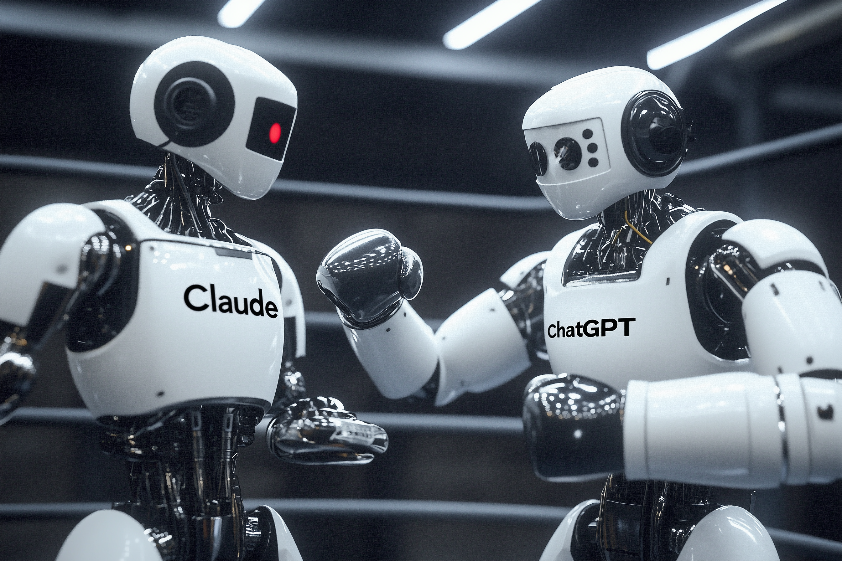 Two robots compete against each other as boxers. One is called %22Claude%22 and the other is %22ChatGPT%22