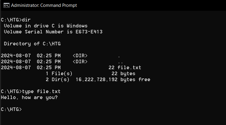 Using the type command in Windows to display the contents of a text file.