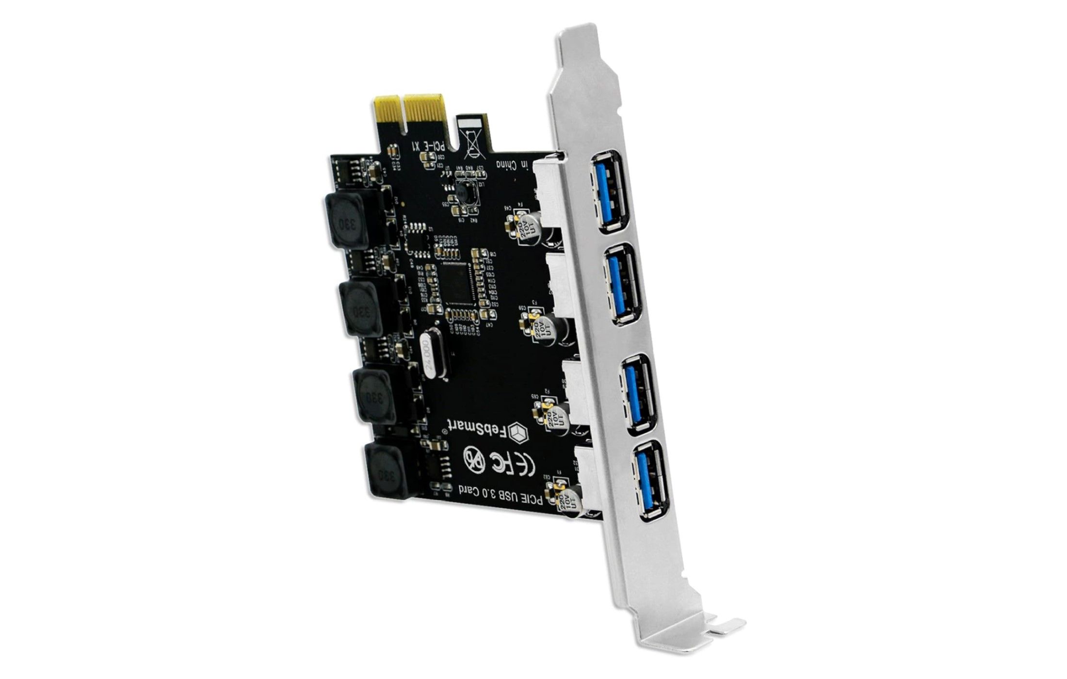 A PCIe add-on card with four USB ports. 