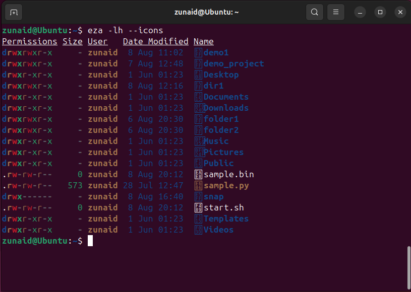 Using the eza command to list files and directories in the terminal with full details.