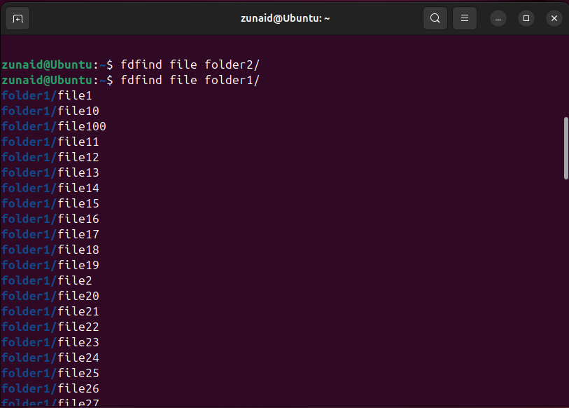 Using the fdfind command to search files using a string in a specific directory.