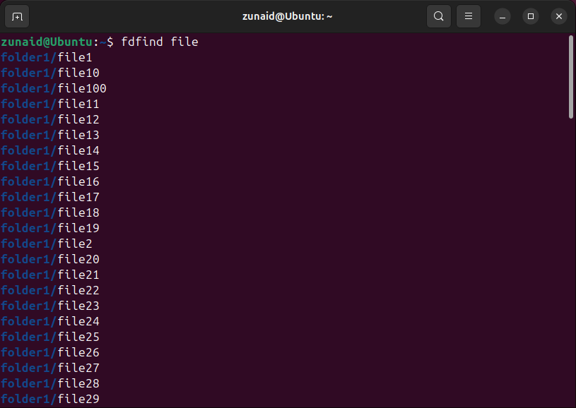 Using the fdfind command to search files using a string.